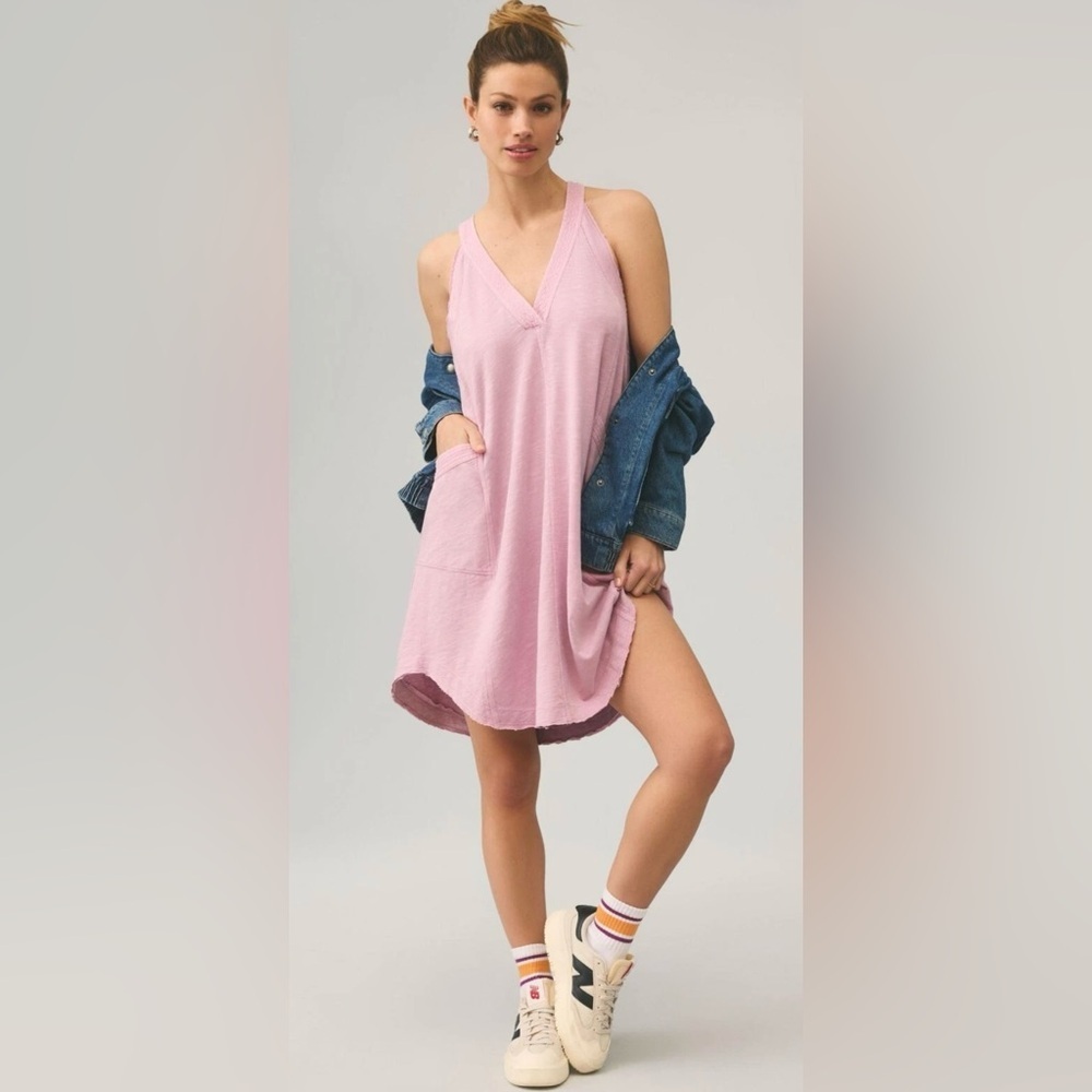 Anthropologie Daily Practice The Carlie V-Neck Pink Mini Dress Boho Minimal XS